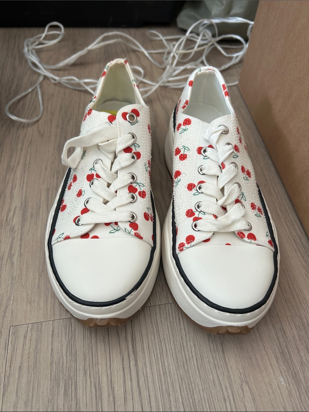 Cream Cherry Print Canvas Platform Sneakers